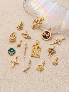 1PC Fashion Bohemian Style Pendant, Round Drip Oil, Inlaid with Synthetic Zircon, Fish, House, Angel Girl, Coconut Tree Flower Plant Series Pendant, Copper Plated 18K Gold, Suitable for DIY Fashion Accessories of Keychains, Bags, Jewelry