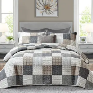 Set Queen Size - 100% Cotton Queen Comforter Set, Quilted Bedspread Farmhouse Bed Spread, Lightweight Reversible Bedding Set All-Season, Gray/Brown/Black/White, 3Pcs