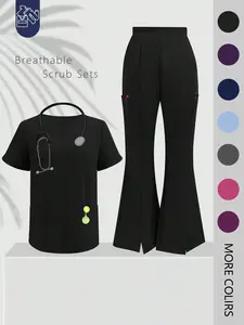 Cimmuovere Women's Solid Color Flare Leg Pants & Top Two-Piece Set, Casual Comfy Breathable Workwear & Uniforms for Women, Women's Uniforms for Summer