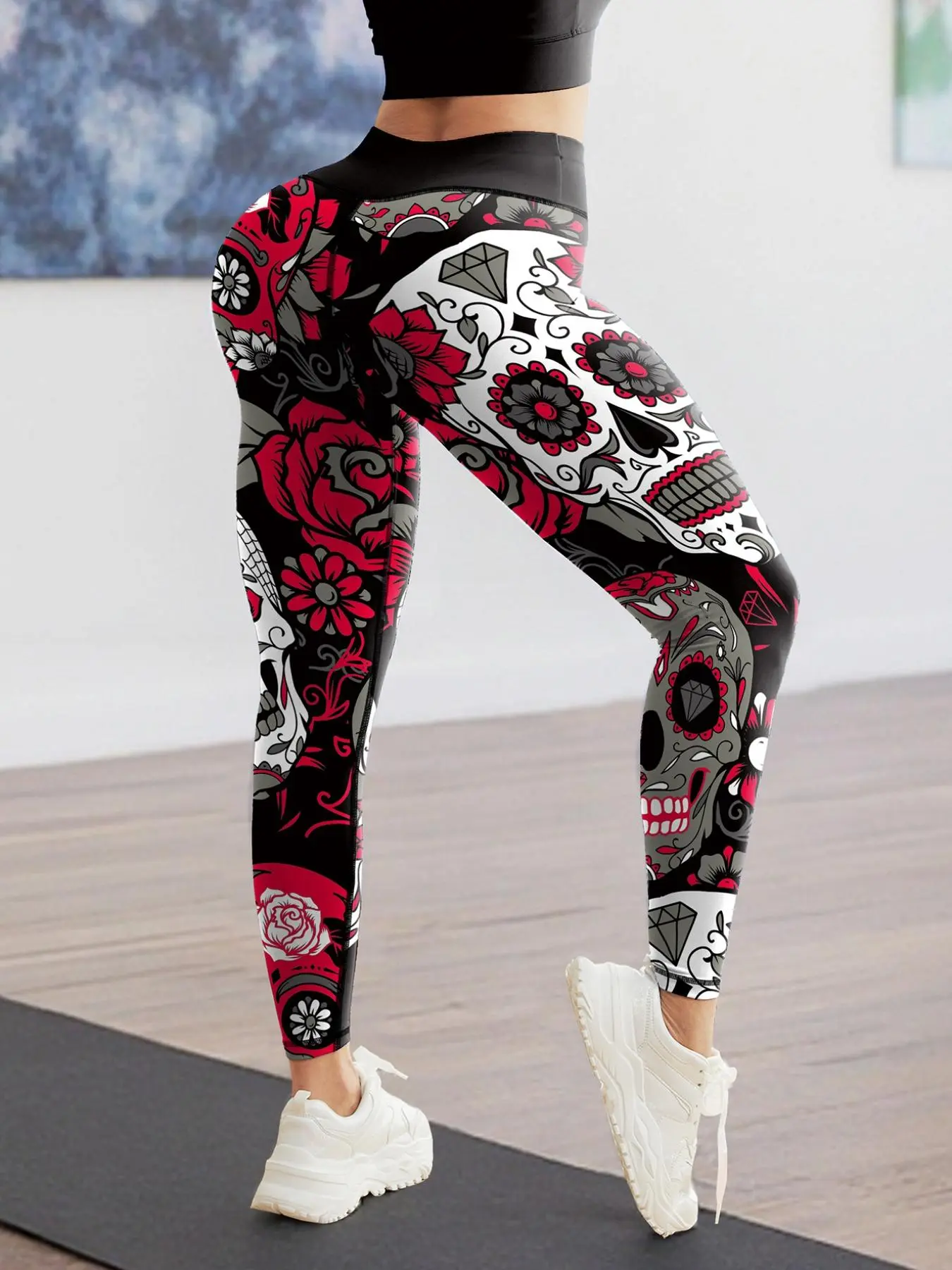 Women's Skull & Floral Print Leggings, Casual Comfy Breathable High Stretch Yoga Leggings, Ladies Bottoms for All Seasons, Athleisure Fitness Leggings, Fitness Tights, Soft Leggings, Stretchy Workout Leggings, Activewear Bottoms, Athleisure Style Bottoms