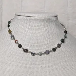 Moss Agate Beaded Choker Necklace with Spiral Charms | Handmade Bohemian Jewelry | Adjustable Crystal Necklace | Spiritual & Earthy Design