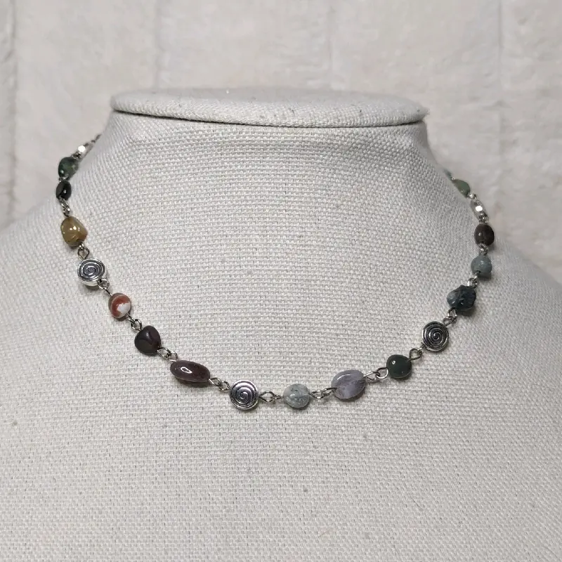Moss Agate Beaded Choker Necklace with Spiral Charms | Handmade Bohemian Jewelry | Adjustable Crystal Necklace | Spiritual & Earthy Design