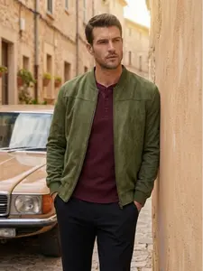 Men's Vintage Faux Suede Ribbed Knit Bomber Jacket - Soft Menswear Punk Outerwear, Casual Long-Sleeve Stand Collar Full-Zip Lightweight Windbreaker for Fall-Spring Tops