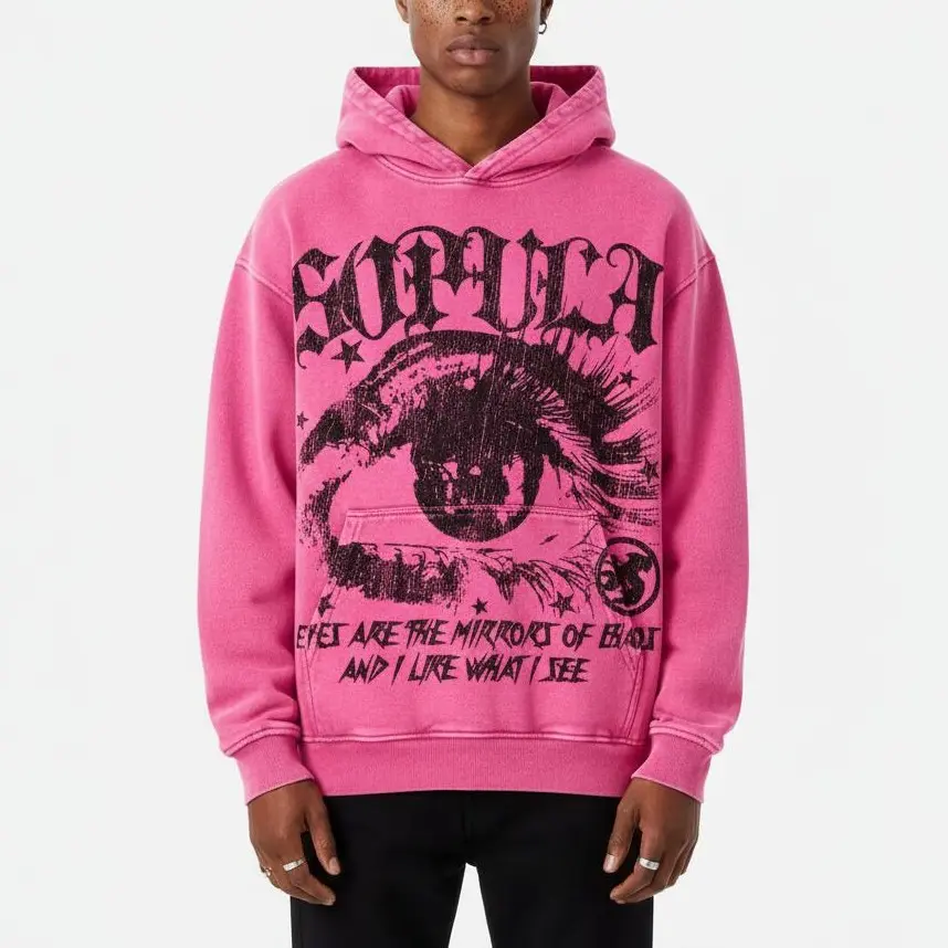Sopula Studio Men's 100% Cotton Star Eyes Graphic Acid Wash Hoodie - Long Sleeve Streetwear Sweatshirt, Pink Casual Pullover, Mensfashion Top, Casual Streetwear Sweatshirt, Streetwear Clothing
