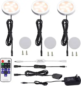 AIBOO Dimmable LED Under Cabinet Puck Lights — 3 Lamps Kit with RF Remote Control, Warm White 2700K, Easy Stick or Screw Install