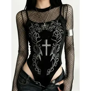 Women's Cross Plant Embroidery Mesh Patchwork Long Sleeve Velvet Transparent Sexy Round Neck Dark Vintage Jumpsuit Grunge Style Sheer BodysuitRAIMENTRY