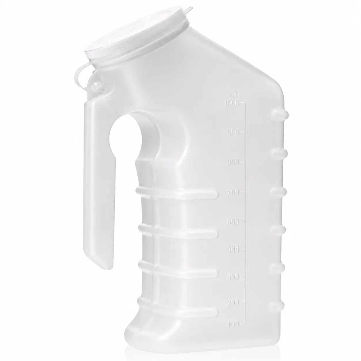 Male Urinal with Attached Cover - Portable Home Supplies Urinal for Men, Translucent Receptacle, Odor-Shielding, Spill-Proof, 1 oz Increments Up to 1000 cc