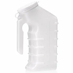 Male Urinal with Attached Cover – Portable Urinals for Men with Translucent Receptacle, Shields Odors and Avoids Spills, 1 Ounce Increments Up to 1000 cc