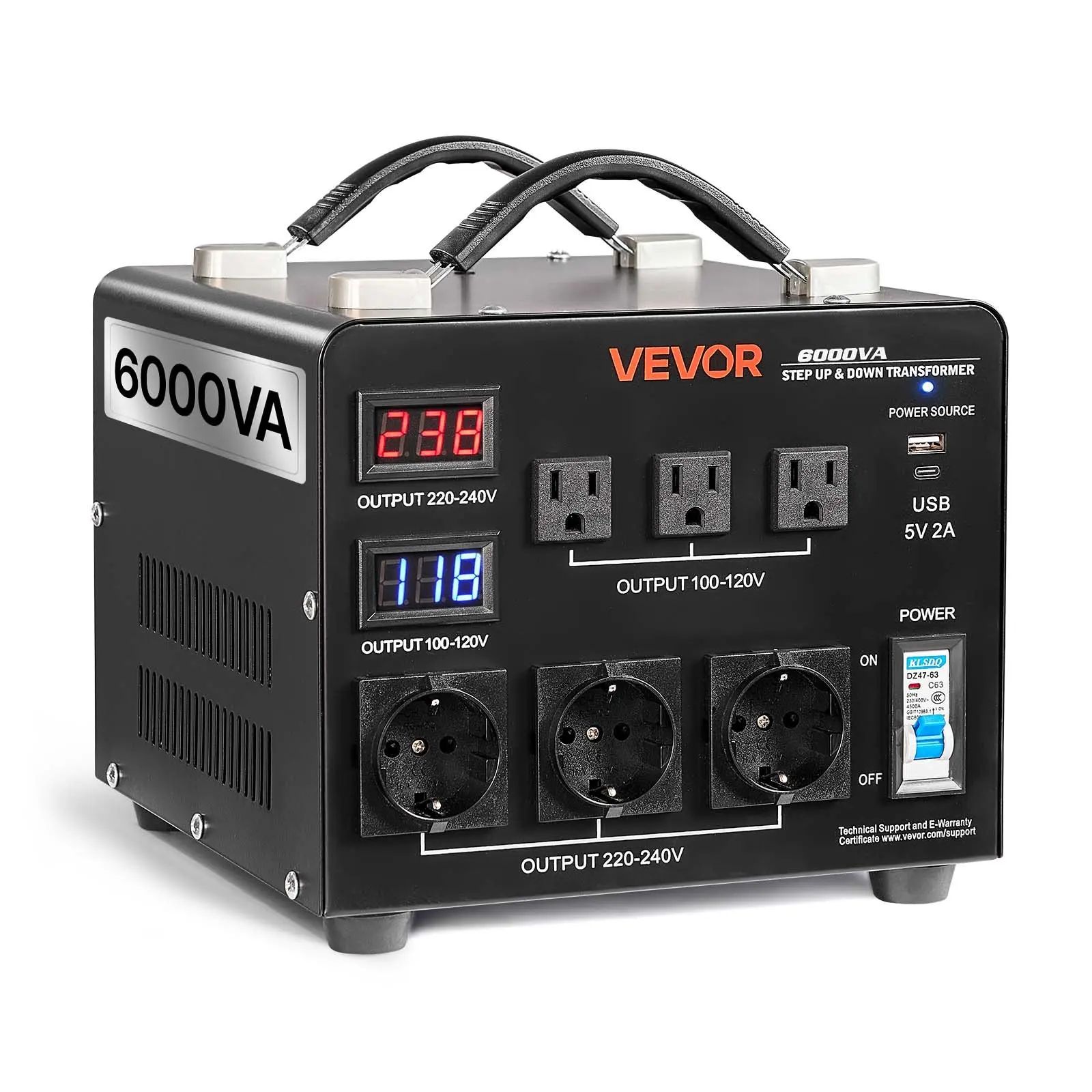 VEVOR Heavy Duty 6000VA Auto Voltage Converter Transformer, AC Power Supply Step-Up/Down 110V-220V, Automatic Detection, Dual LCD Displays, Circuit Breaker Protection, 3 US Outlets, 3 EU Outlets, 1 Type-C, 1 USB, Efficient & Quiet Operation for Home, Auto