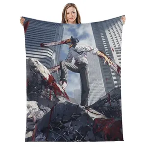 "Chainsaw Man Denji Action Scene Flannel Blanket - Intense blanket featuring Denji in chainsaw form amidst city ruins. Perfect for fans, ideal for cozying up with gritty anime vibes. Soft and stylish, a must-have for Chainsaw Man enthusiasts."