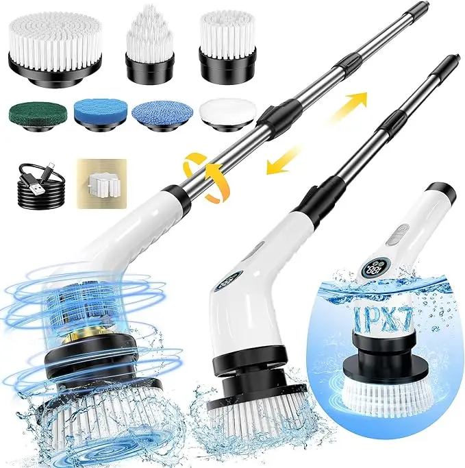 9-in-1 Electric Spin Scrubber Waterproof Bathroom Cleaner with 2500mAh Battery, 47-Inch Extension Handle, LCD Display, Cordless Shower Brush for Bathtub Kitchen Wall