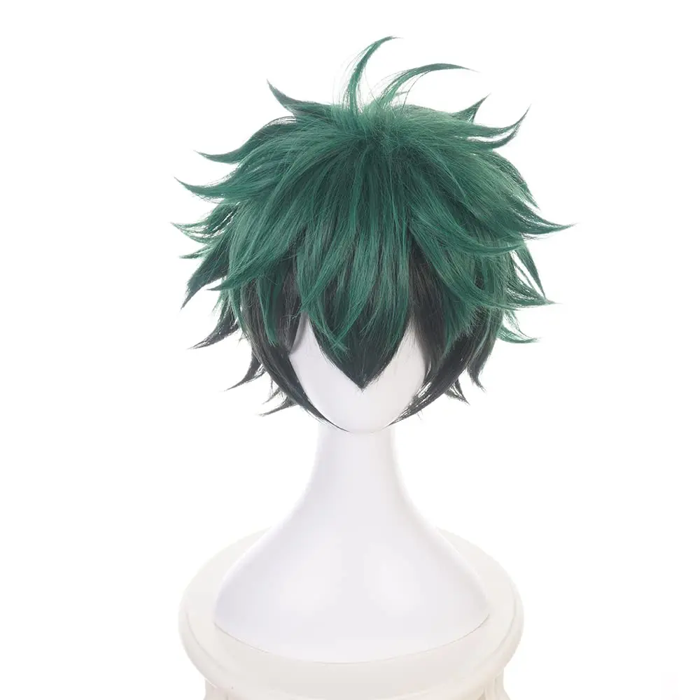 Anime Game Green Black Mix Wigs Women Short Straight Wig with Bangs Adult DekuFroppy COS Wig Halloween,Christmas,Carnivals,Party