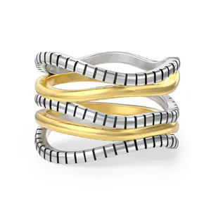 Mytys Simple Tooth Lines Twisted Staggered Ring Two Tone Hollow Ring for Men and Women