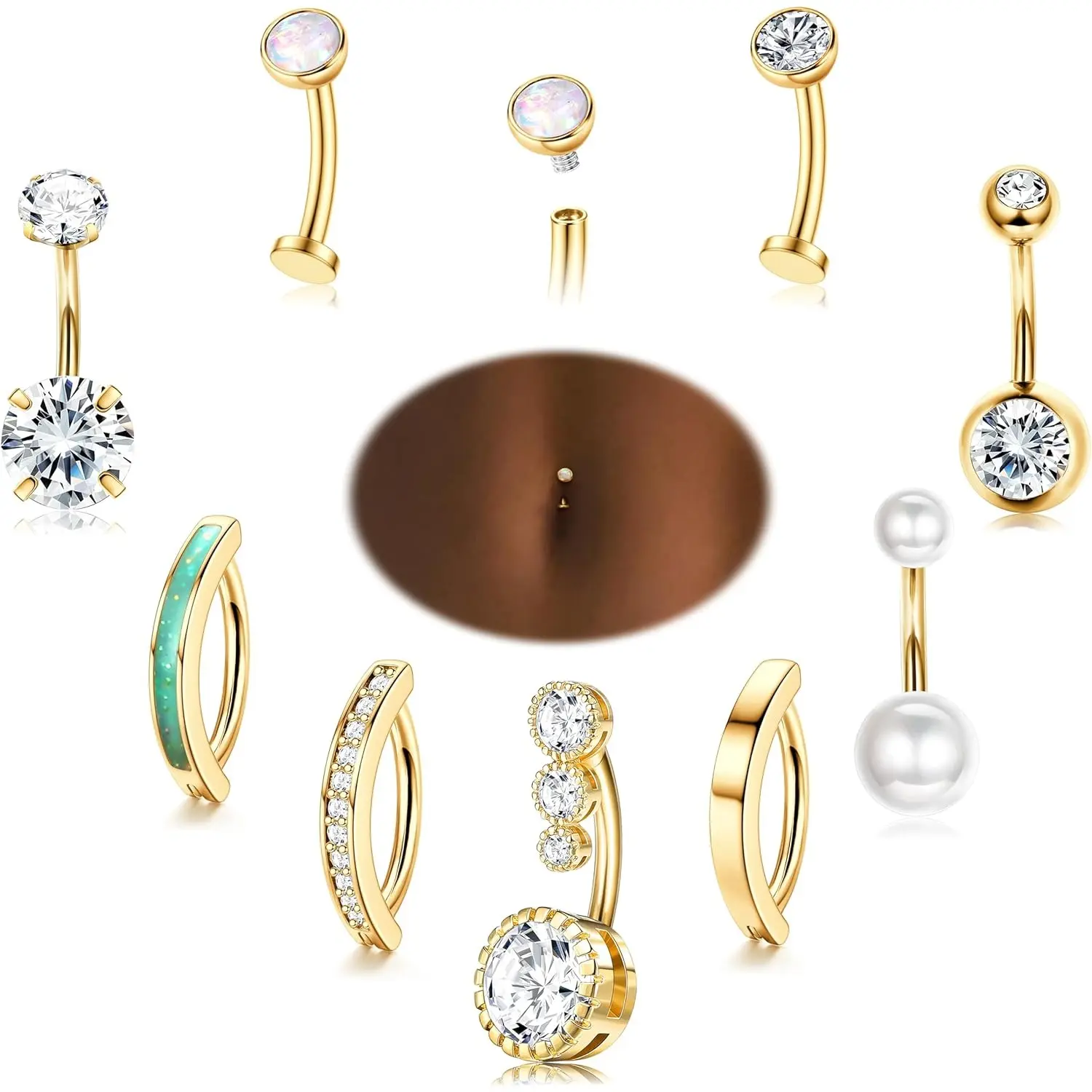 FIASASO 14K Plated Gold  Belly Button Rings Surgical Stainless Steel Belly Rings CZ Clicker Belly Button Piercings for Women Navel Piercings Pack