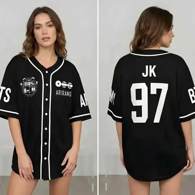 Unisex Black Arirang Baseball Jersey JK 97 Member Graphic Button Down Shirt Short Sleeve White Piping KPop Fan Concert Apparel Summer Tops