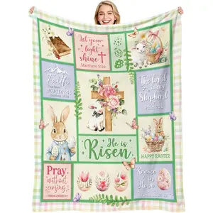 Christian Easter Throw Blanket, Bunny Eggs Cross Soft Fuzzy Flannel Plush Blanket, Religious Rabbit Throws Blankets for Women Home Bed Sofa Crib Couch Easter Holiday Birthday Gift