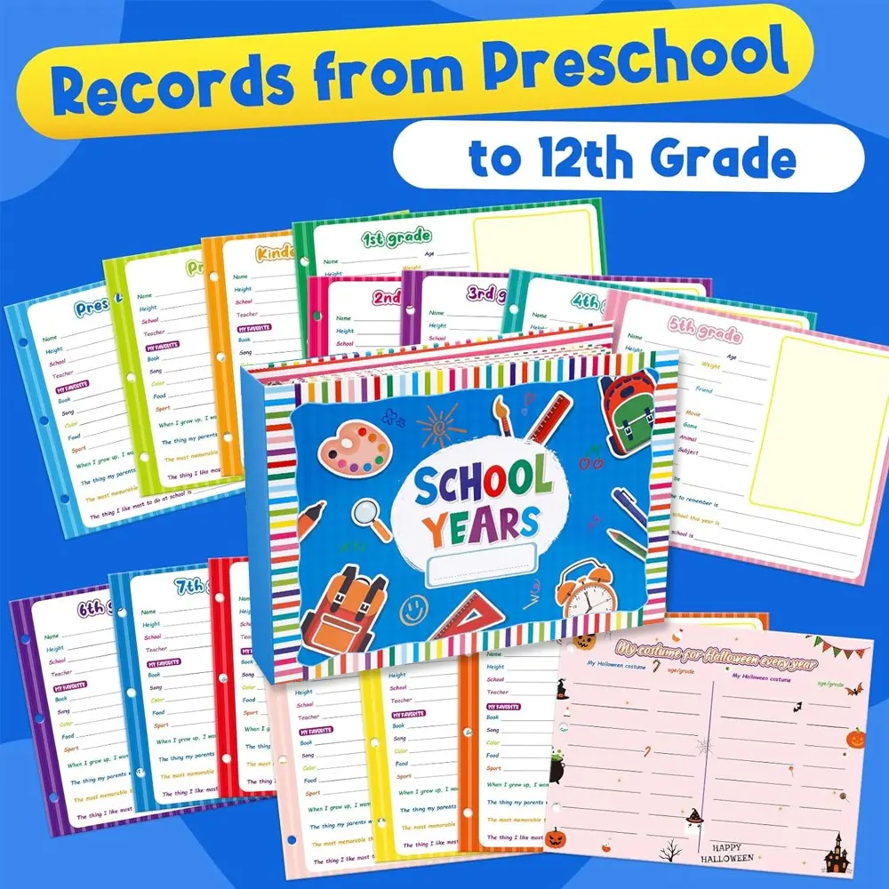 Hardcover School Memory Book Scrapbook Photo Album, 12-Year Keepsake Book with Keepsake Pockets, Book-Style Spine for Bookshelf Display, Record School Days & Pictures, Scrapbooking