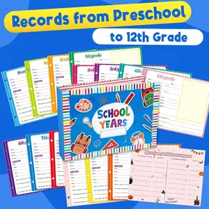 Hardcover School Memory Book Scrapbook Photo Album, 12-Year Keepsake Book with Keepsake Pockets, Book-Style Spine for Bookshelf Display, Record School Days & Pictures