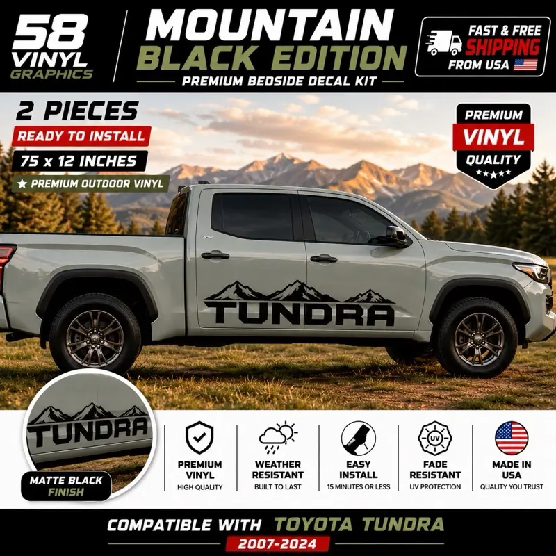 Toyota Tundra Big Letter Mountain Black Matte Design, 2-Piece (75x12 in) compatible with all models