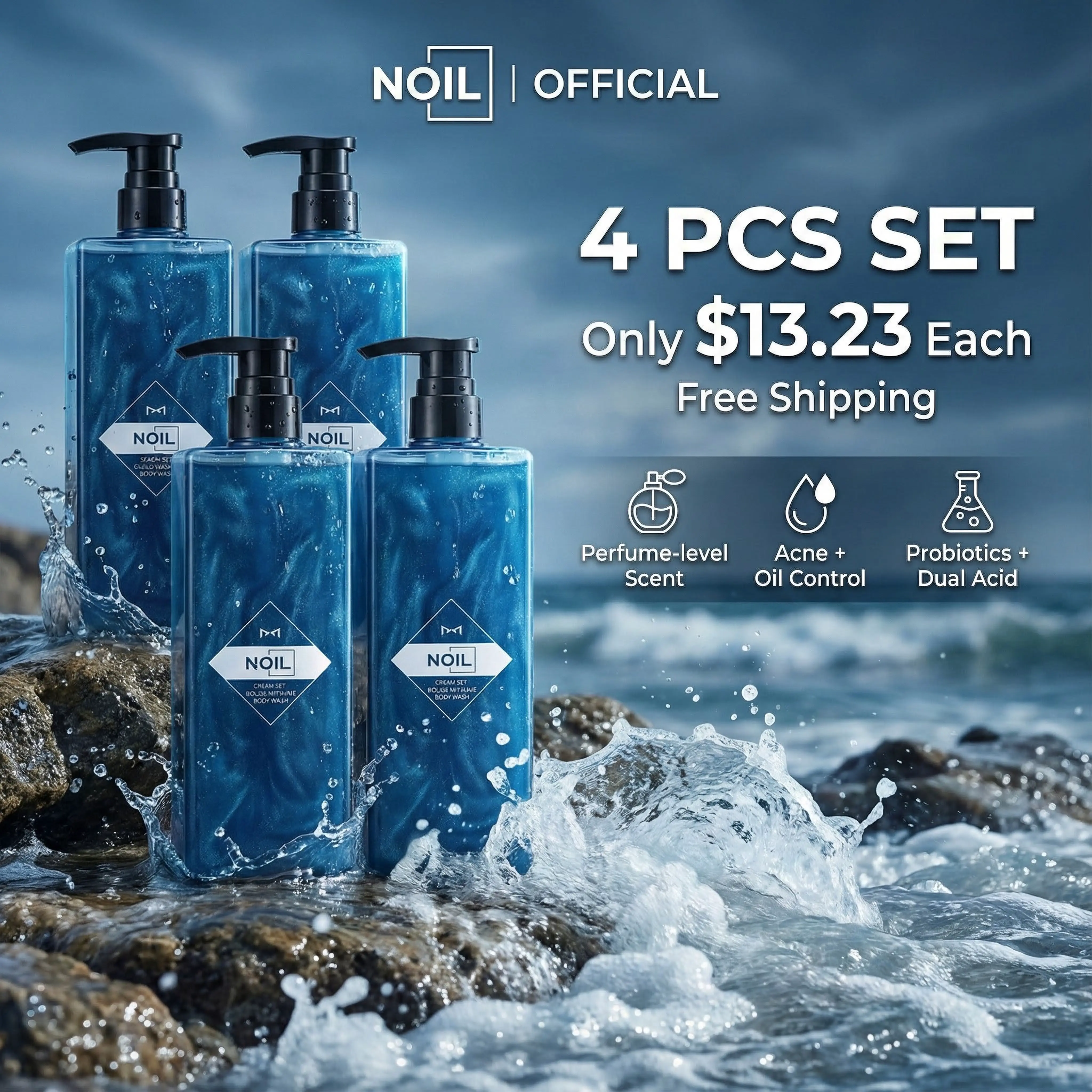 NOIL Shower Gel 4-Pack - Sea Salt + Fruit Acid Formula, Deep Clean, Brightening Care, Anti-Acne, Oil Control, Fresh Ocean Scented Fragrance Aroma - Daily Body Care for Family, Travel Essentials,back to school