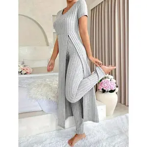 Two-pieceSet?Women'sSolidSplitOutfitsSet,ElegantCasualCozyLonglineTop&PantsforDailyOutdoorWear,LadiesSpring&FallClothes