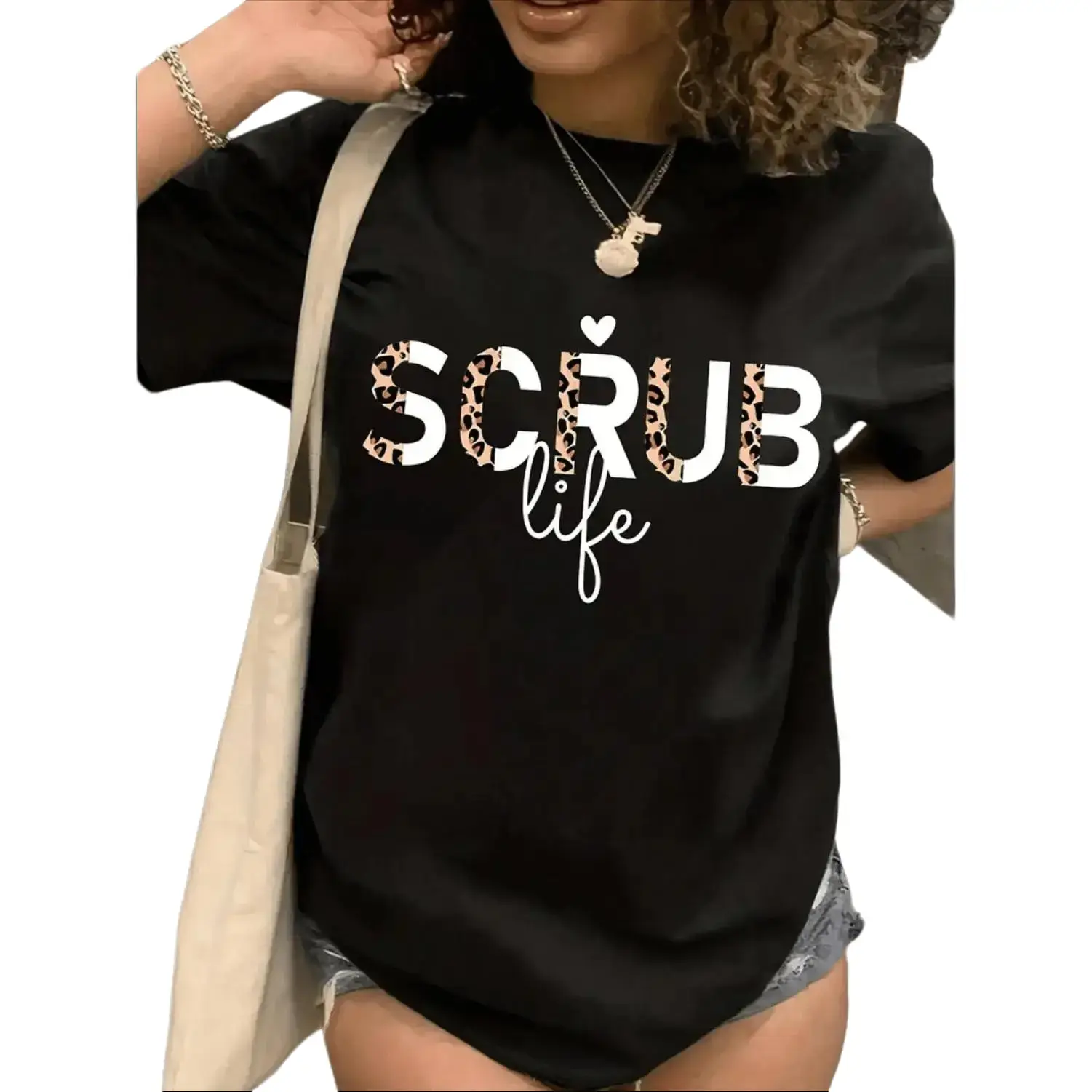 Women's Plus-Size Round Neck Short-Sleeve Seamless Fabric Top, "Scrub Life" Graphic Nurse Workwear, Durable Polyester, Sweat-Wicking, Wrinkle-Free, Casual, Tshirt