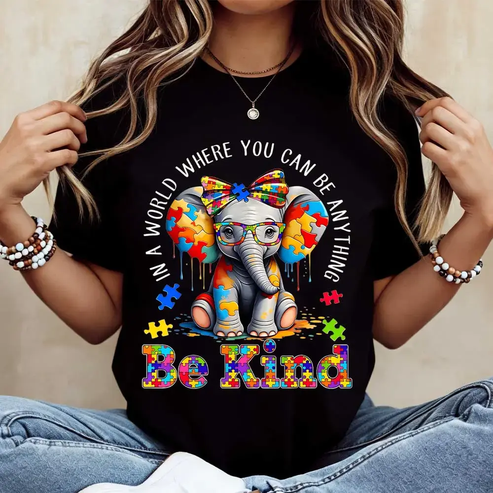Women's Cotton Printed T-Shirt - Crew Neck (Round Neck), Elephant & Puzzle Pieces Design, "Be Kind" Print, Casual Fit Top for Girls