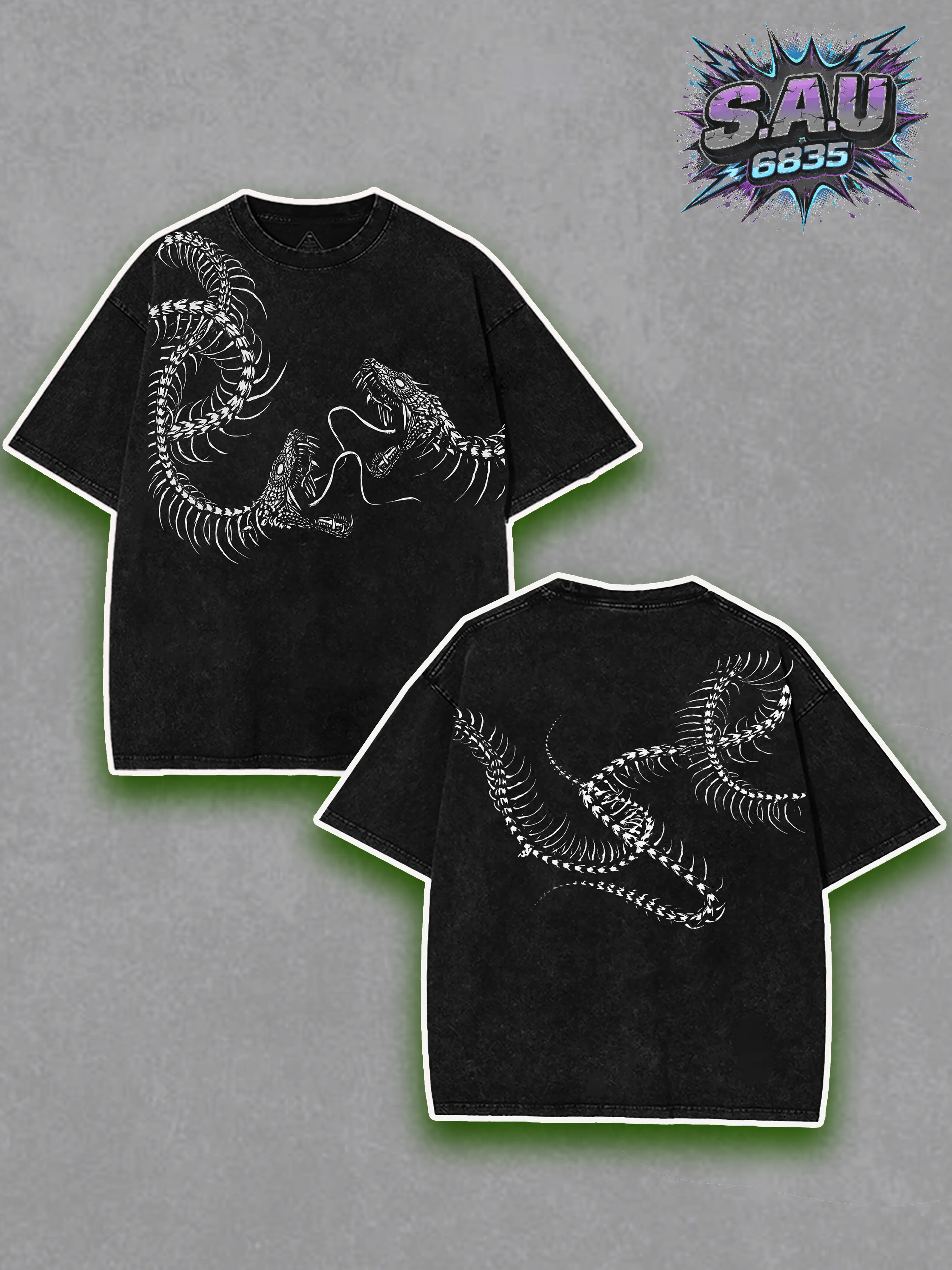 HT Dual Snake Skeleton Graphic Tee Gothic Serpent Bones Dark Art - Heavyweight Acid Wash Boxy Fit Premium Cotton T-Shirt, Retro Tattoo Culture Top, Unisex Vintage Grunge Streetwear Apparel