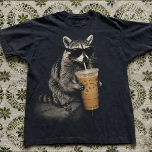 Funny Raccoon Drinking Iced Coffee Shirt, Animal Meme Graphic Tee, Gift for Men, Women  Shortsleeve Crewneck Summer Top Womenswear