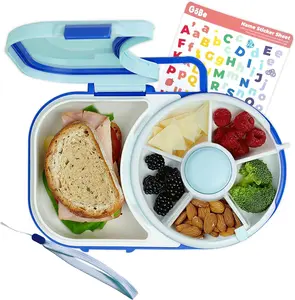 Gobe Kids Lunchbox with Small Snack Spinner Flip - Bundle with Hand Strap & Sticker Sheet, 2-In-1 Bento Style Lunch Container, 5 Small +1 Large Sandwich Compartment, BPA & PVC Free- Macaron Blue GoBe Kids