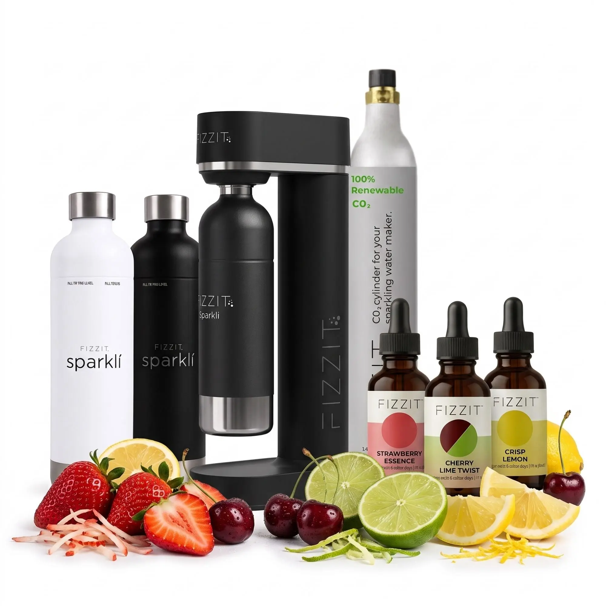 The FIZZIT Monarch Elite Collection | Premium Home Sparkling Water & Soda Maker Bundle | Includes 2 Stainless Steel Bottles, 60L CO2 Cylinder, & 3 Zero-Sugar Flavor Drops (480 Cans Equivalent)