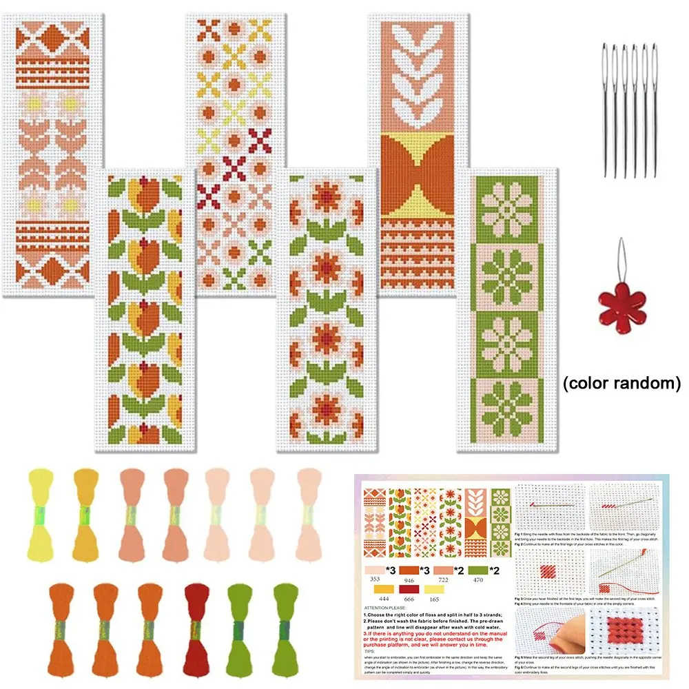 6-Piece Traditional Floral Cross Stitch Bookmark Book Accessories DIY Art Set, Includes Fabric, Threads, Tools, Instructions, Ideal for Beginners, Home Decor, Gift