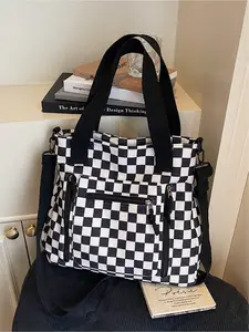 Large Capacity Women's Tote Bag, Geometric Pattern Tote, Colorblock Plaid Design, Simple Commuter Shoulder Bag, Multi-Pocket, Versatile and Stylish, Lightweight Tote Bag