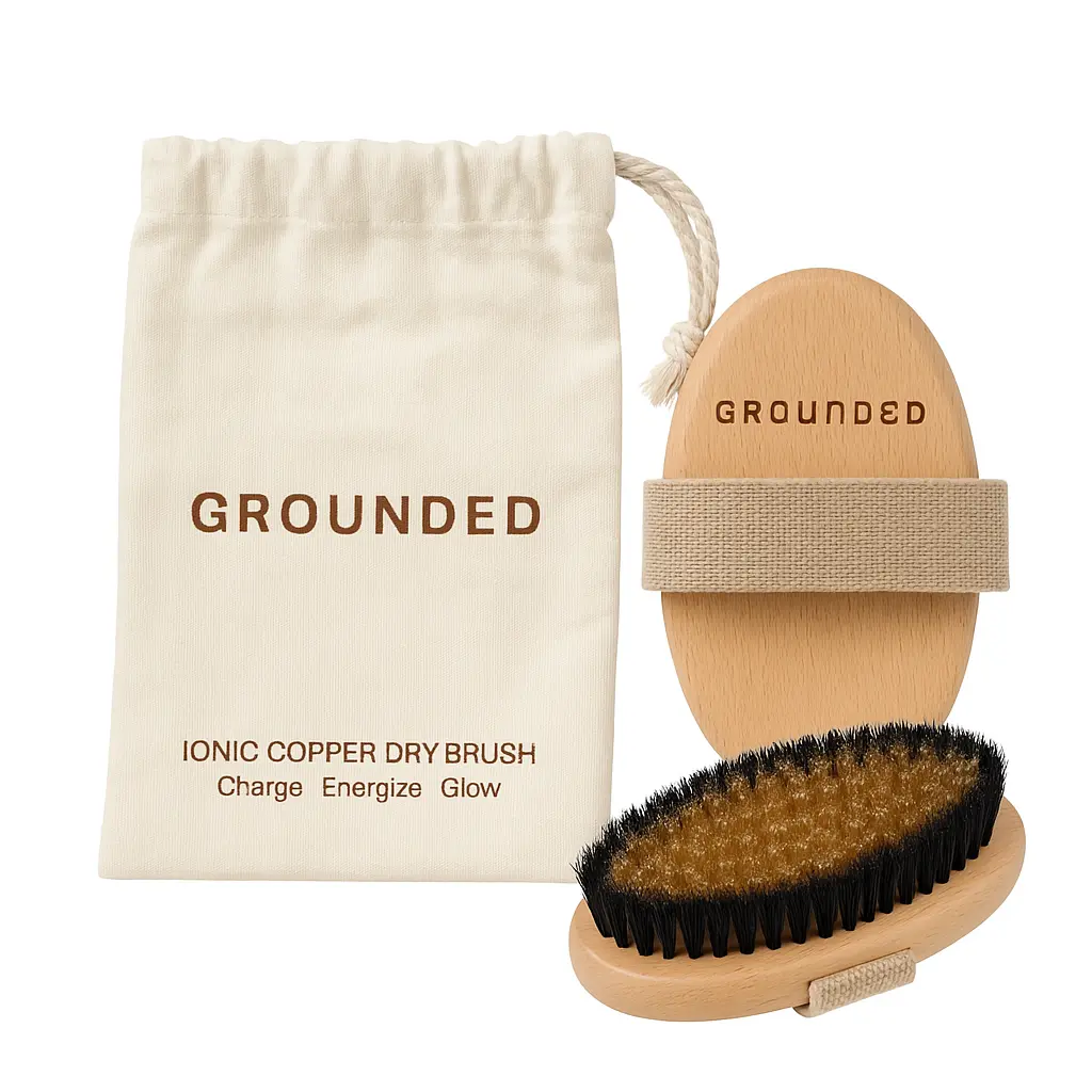 Grounded Labs Ionic Copper Dry Brush - Premium Exfoliating Body Brush with Ion Charged Bristles for Glowing Skin & Lymphatic Drainage, Cellulite Reduction - Gentle Exfoliation & Enhanced Circulation - Eco-Friendly Cotton Storage Bag Included - Bath