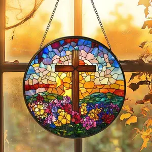 Personalized Stained Glass Cross Suncatcher Custom Birth Flower Window Hanging Religious Faith Decor Baptism Confirmation Gift for Her Spirit Era Art