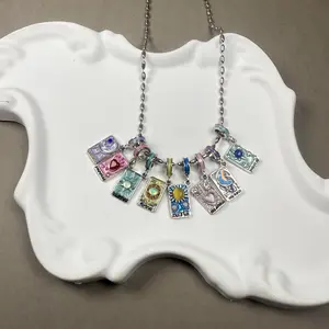 Vintage Distressed Bead Tarot Card Necklace and Bracelet Set - Tarot Mystery Series, Sun Moon Stars Design, Niche High-End Daily Fashion Costume Jewelry, Classic Gifting Accessory (yes)