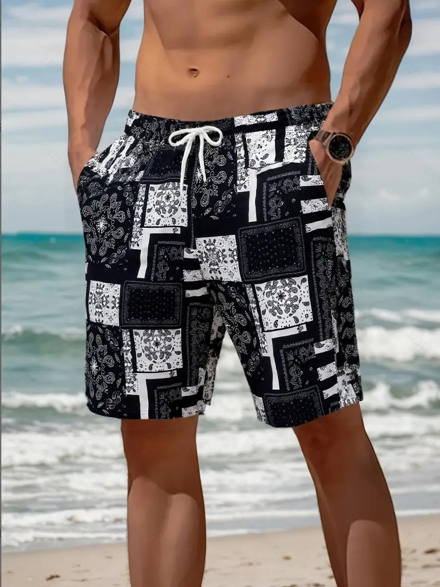 SUMIMERVIBESMen’s casual beach shorts with abstract paint-splatter print, elastic waistband—summer swim trunks, vacation travel pants for summer, suitable for the seaside.