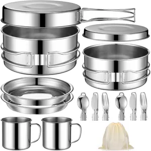 14 Piece Camp Cooking Set, Stainless Steel Camping Cookware with Pot and Pan Kit 2 Set Stainless Steel Cups Plates Forks Knives Spoons  Camping, Backpacking, Outdoor Cooking and Picnic