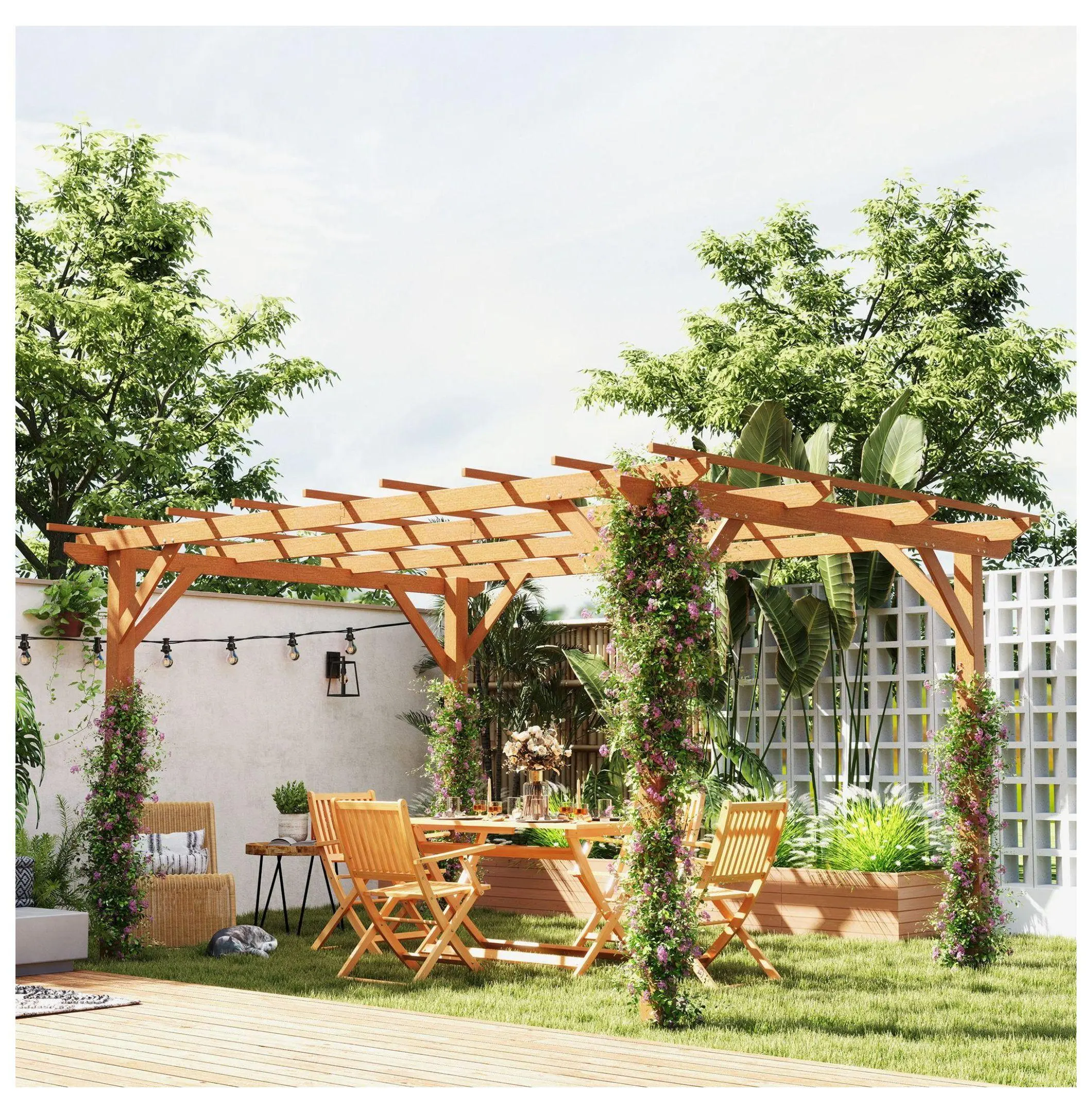 10x13 Wood Pergola, Outdoor Gazebo Grape Trellis, Dark Brown - Climbing Plant Support & Garden Shade Structure Default Title