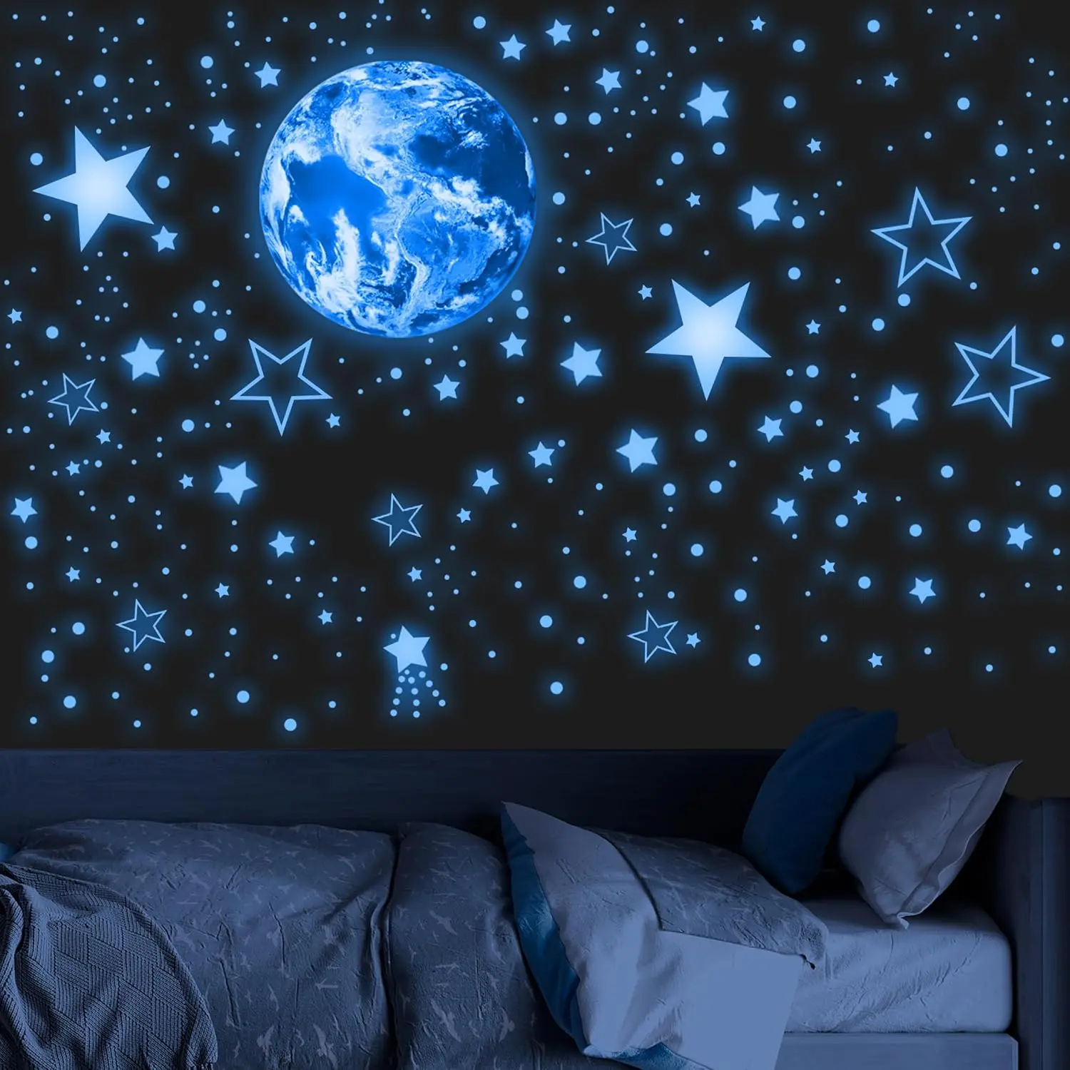 965 count Glow in The Dark Stars and Earth for Ceiling, Luminous Stars and Planet Wall Decals,  Room Decor, Glowing Galaxy Wall Stickers for  Decorations (Blue)