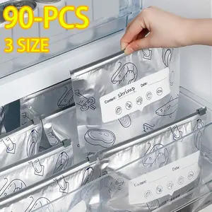 90PCS 3 Size Reusable Aluminum Foil Sealable Storage Bags 2026 New Resealable Vacuum Zipper Pouches for Food Stand Up Foil Sealable Bags with Label and Zip Lock for Vegetable Fruit Meat