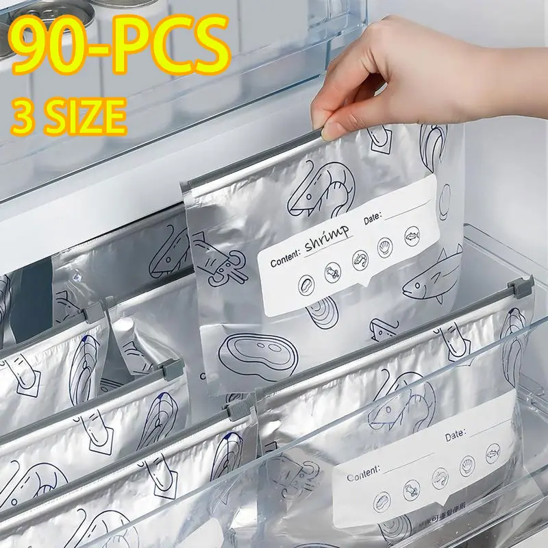 90PCS 3 Size Reusable Aluminum Foil Sealable Storage Bags 2026 New Resealable Vacuum Zipper Pouches for Food Stand Up Foil Sealable Bags with Label and Zip Lock for Vegetable Fruit Meat