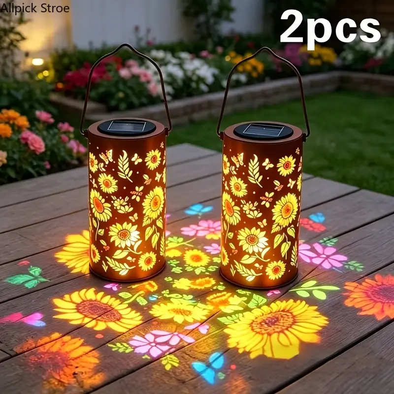 Metal Sunflower Solar Lantern with Butterfly Accent, Hanging Waterproof Exterior Light Fixture with Warm LED Illumination, Colorful Sunflower Glow Solar Garden Lantern, Outdoor Lamps, Lanterns