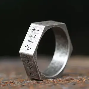 New Creative Style 316L Stainless Steel Hexagon Viking Nordic Runes Ring For Men Fashion Biker Cool Jewelry Gift