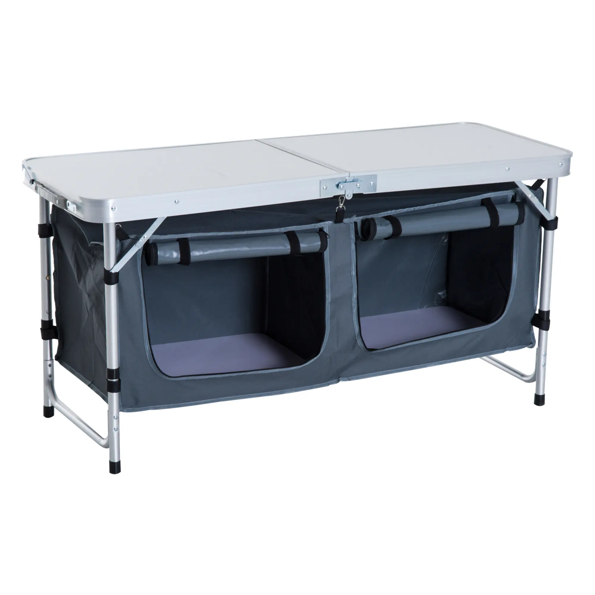 Outsunny 47" Aluminum Folding Camping Table, Adjustable Height Waterproof Outdoor Picnic Table with Carrying Handle, Storage Organizer Cabinets & Camping Equipment, Waterproof Picnic Tables
