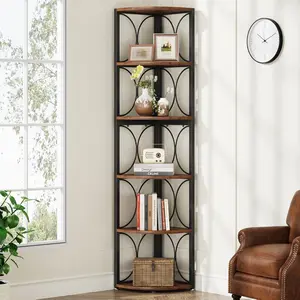 LITTLE TREE 67 inch Tall Corner Shelf, 6 Tier Rustic Corner Bookshelf Bookcase Storage Rack Standing Shelving Unit for Living Room, Small Space