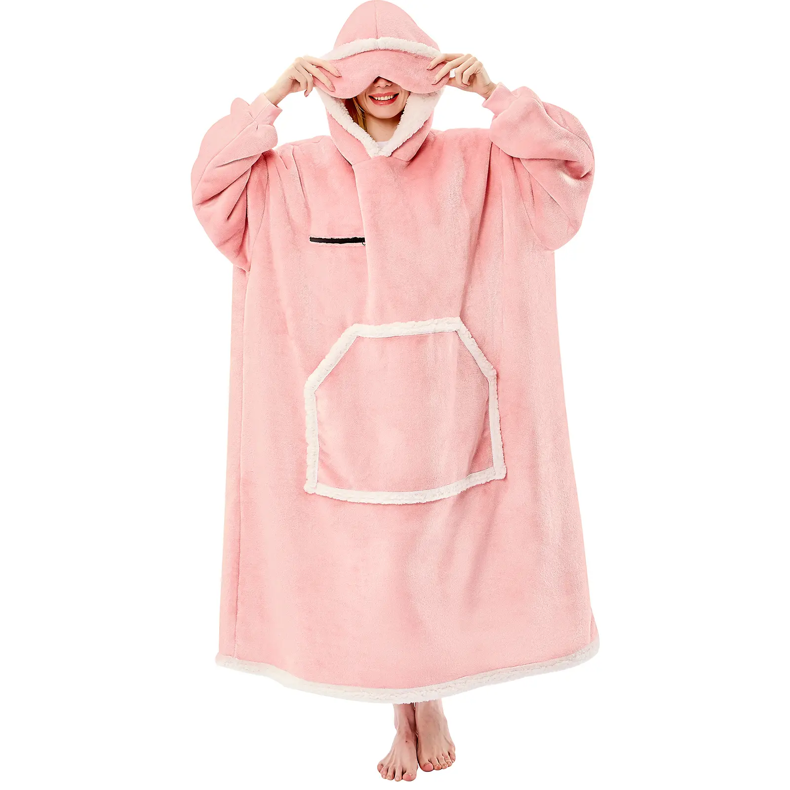 Wearable Blanket Hoodie, Oversized Sherpa Fleece Hooded Sweatshirt with Eye Mask, Cozy and Giant Blanket Hoodie with Sleeves Extra Long for Adults Men Women
