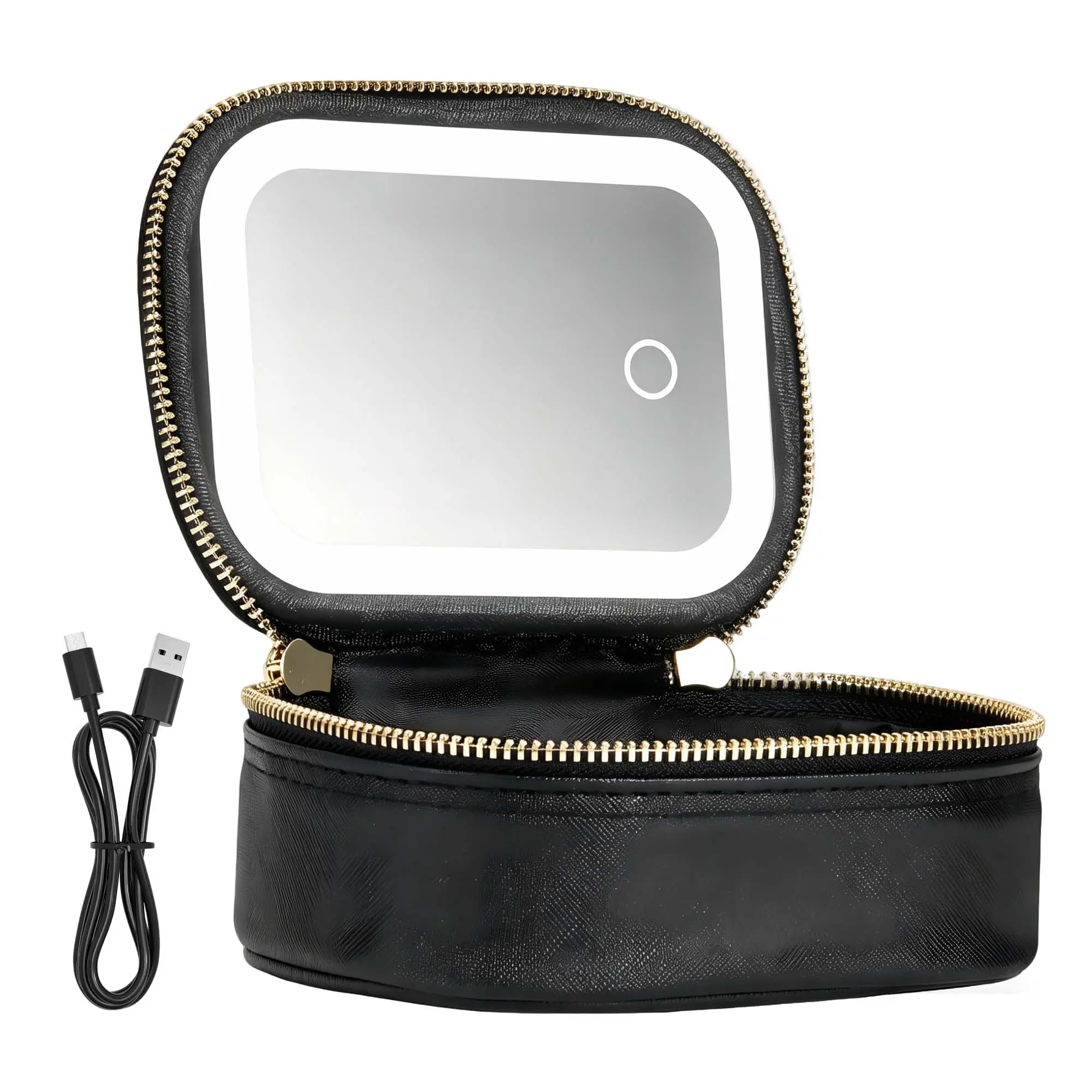 Mini Makeup Bag with Led Lights Mirror, Small Makeup Case with Touch Control Switch, Tricolor Light Cosmetic Bag with USB Charging for  Travel Gift