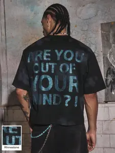 Men's Y2K Rhinestone Pattern T-Shirt, 'you're Crazy' Slogan Tee with Shiny Blue Crystal Details, Street Style Hip Hop Rap Fashion