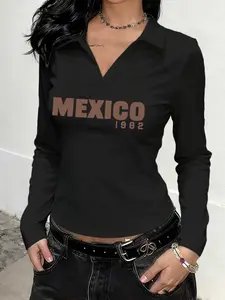 Geometric Polo Sweatshirt, Fall & Winter Heavyweight Long Sleeve, Slim-Fitting Inner Layer, Y2K Style